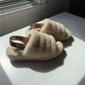 UGG Cream Shearling Slide Sandals with Branded Elastic Strap